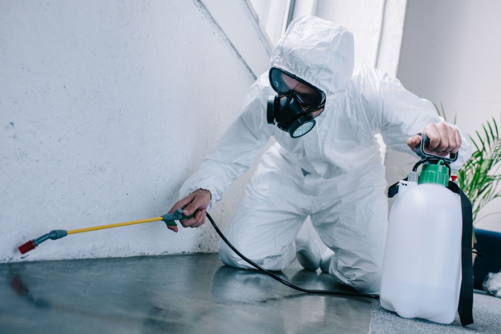 A pest control technician in a white suit sprays a wall, providing home pest control services in Houston, TX.